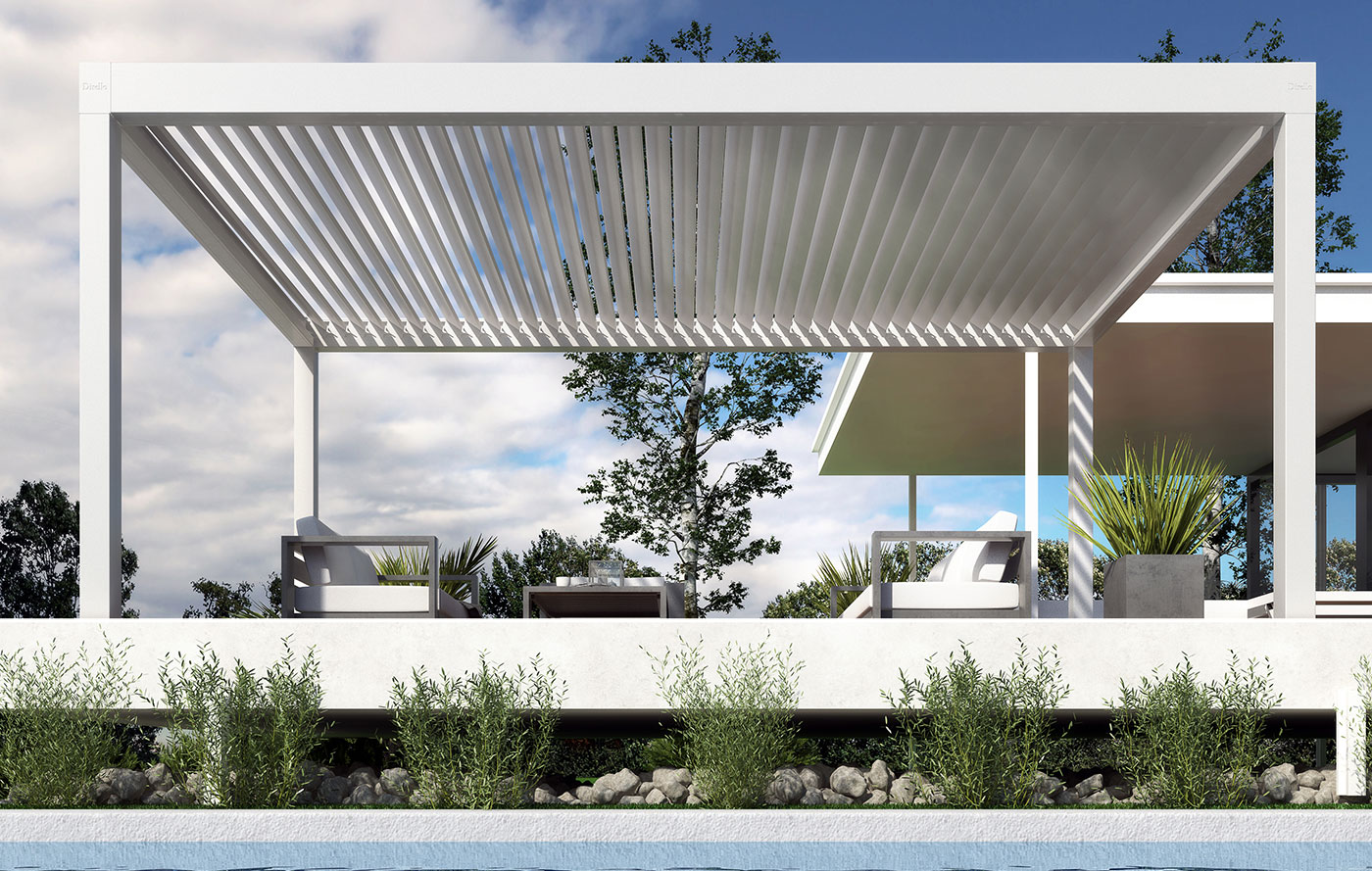 Pergola bioclimatica bioshade autoportante, colore bianco.