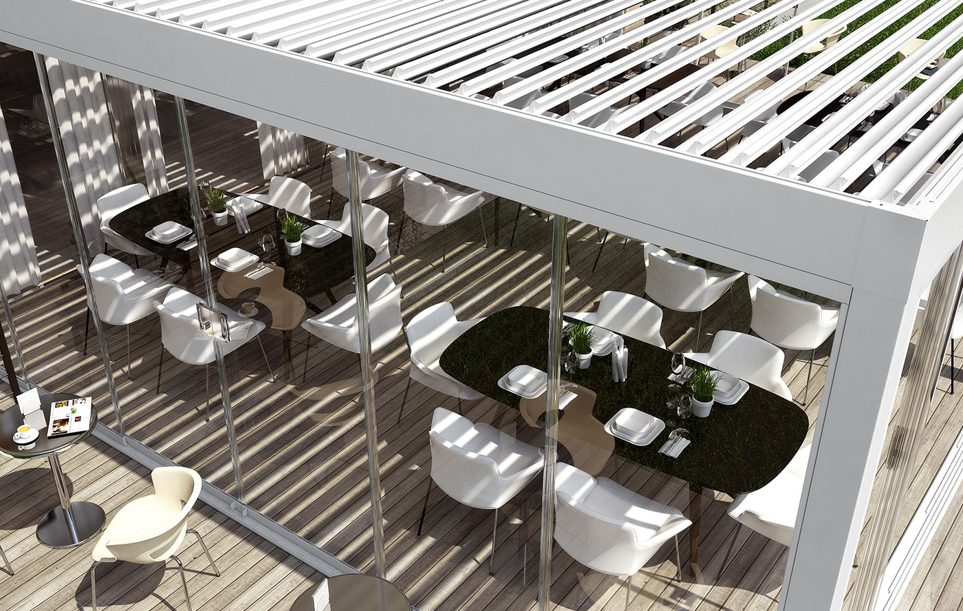 particolare pergola bioclimatica bioshade con vetrate laterali