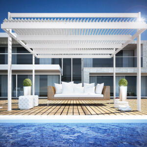 Pergola bioclimatica Koevo installata a bordo piscina